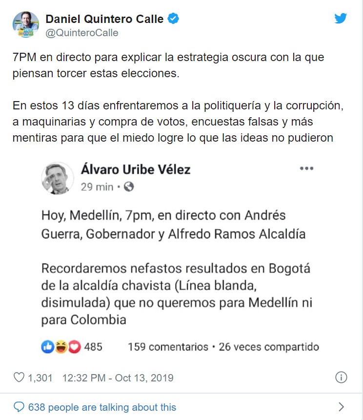 El fantasma de Uribe ha estado presente a lo largo de la contienda, en lo que casi pareciera ser un referendo sobre el uribismo en Medellín. Ramos, por su lado, le redobla su respaldo al líder del Centro Democrático. Este es el trino más efectivo de la campaña Ramos: