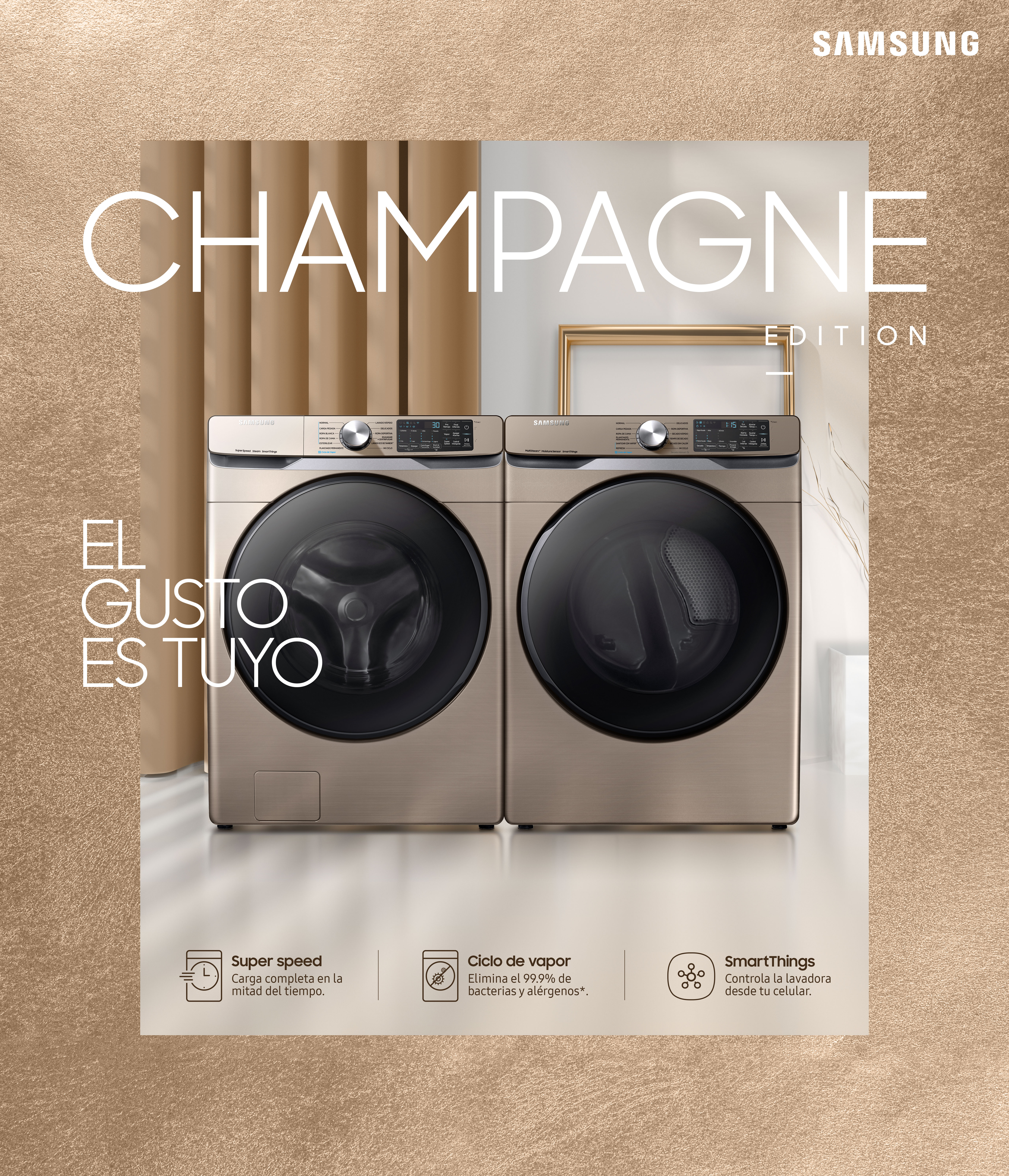 Samsung lanzó su línea de lavadora y secadora “Champagne Edition”.