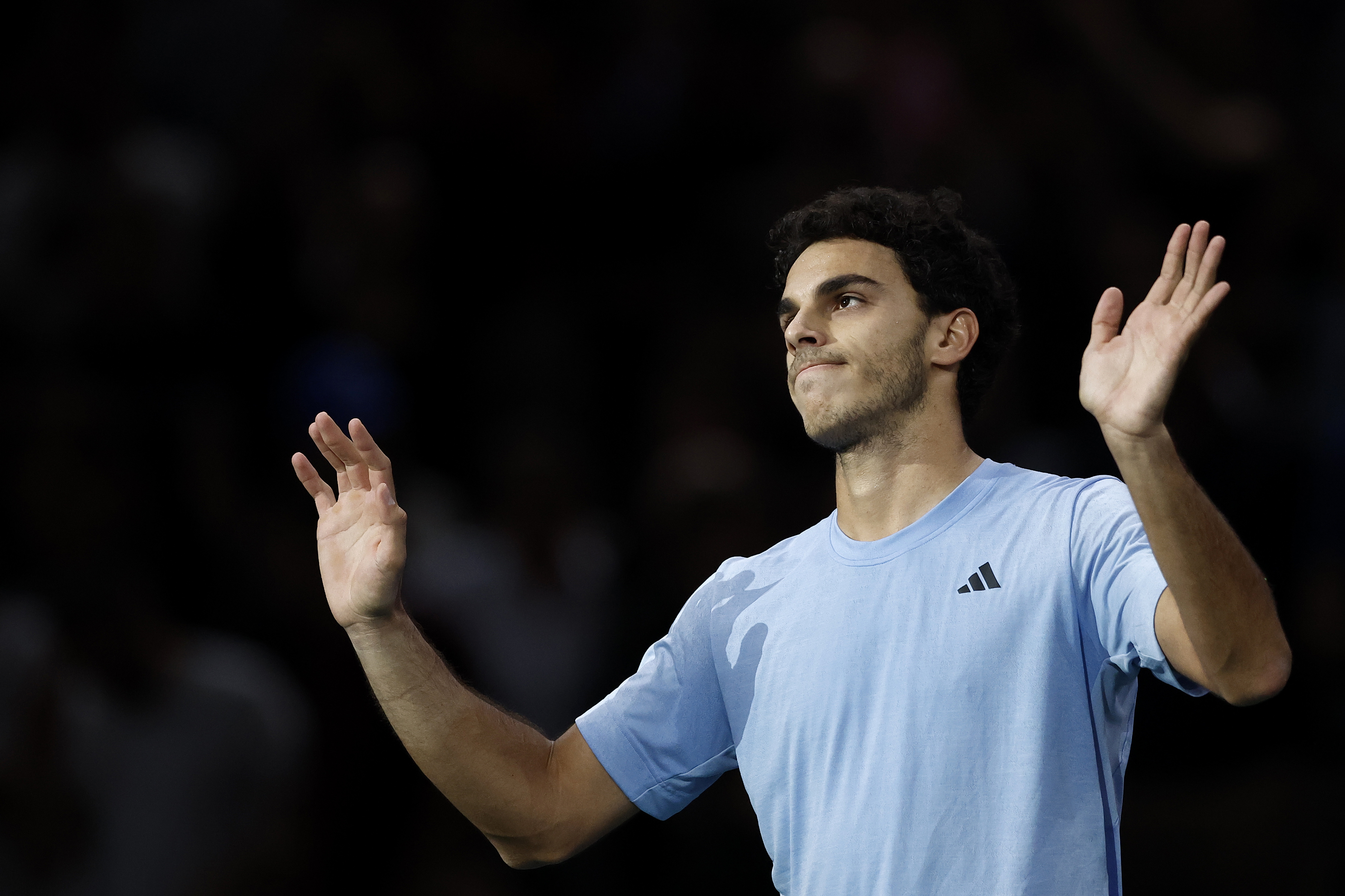 Paris (France), 31/10/2023.- Francisco Cerundolo of Argentina celebrates winning his first round match against Gael Monfils of France at the Rolex Paris Masters tennis tournament in Paris, France, 31 October 2023. (Tenis, Francia) EFE/EPA/YOAN VALAT