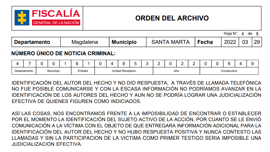 Orden de archivo de investigación de Andrés Celis en la Fiscalía