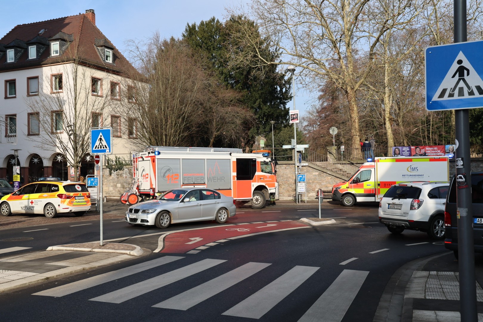 Fire and rescue service vehicles stand near the site of a stabbing in Aschaffenburg on January 22, 2025.