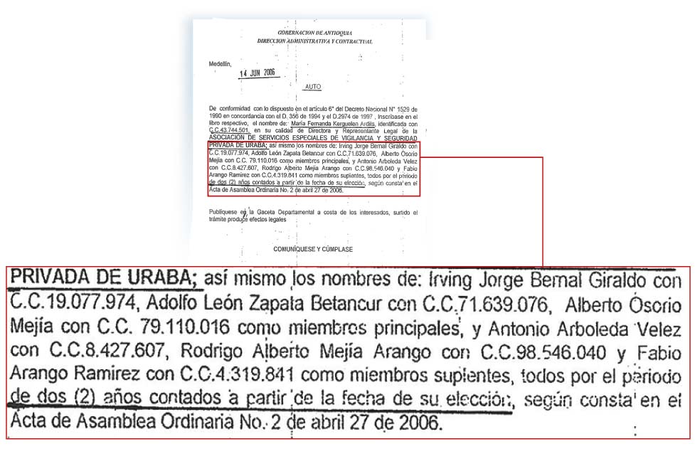 Auto por medio del cual tres dirigentes ganaderos fueron nombrados en la junta directirva de la Asociación de Servicios Especiales y Seguridad Privada del Urabá, junto a tres aliados de Raúl Hasbún.