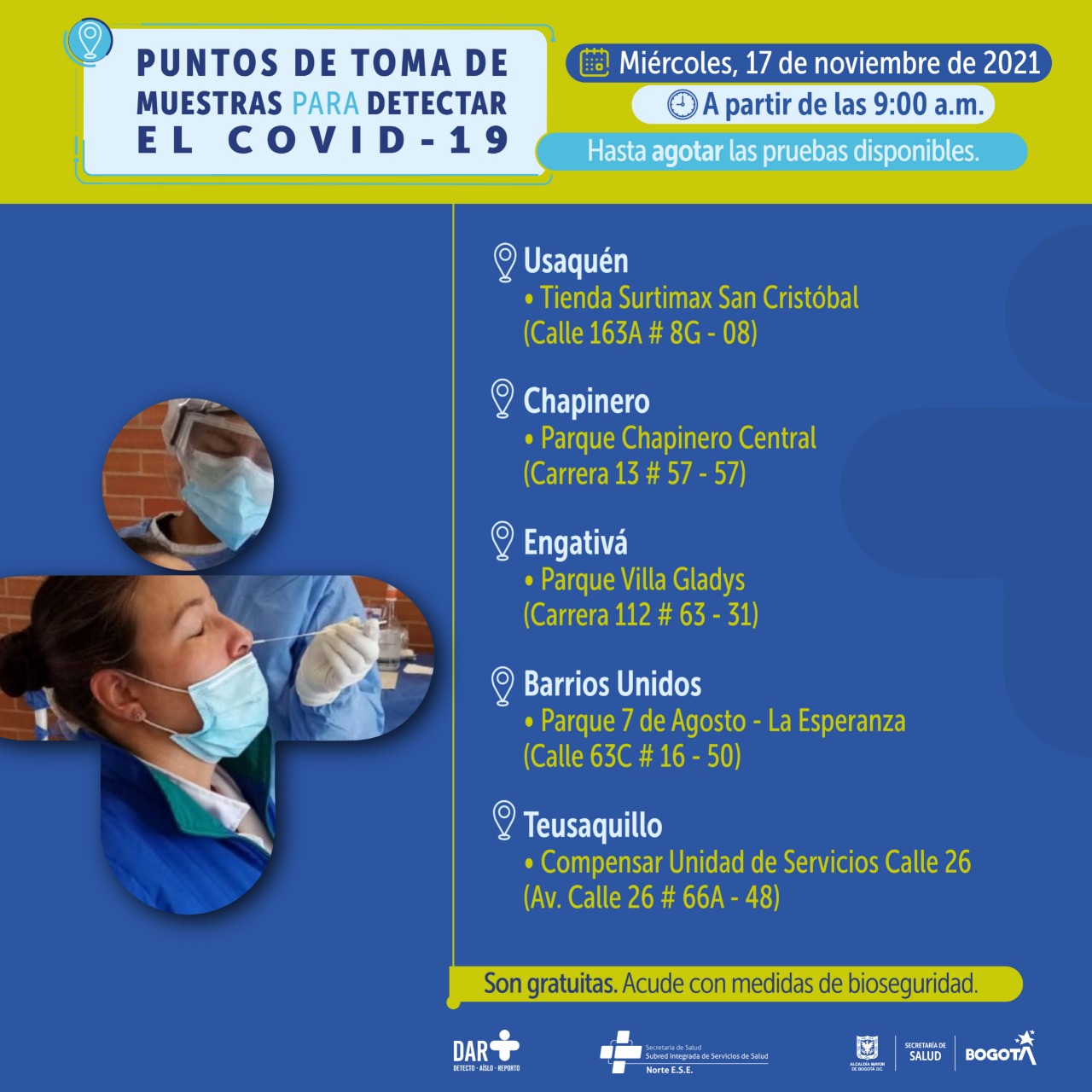 ¿Dónde hay pruebas gratuitas para COVID-19 este miércoles en Bogotá?