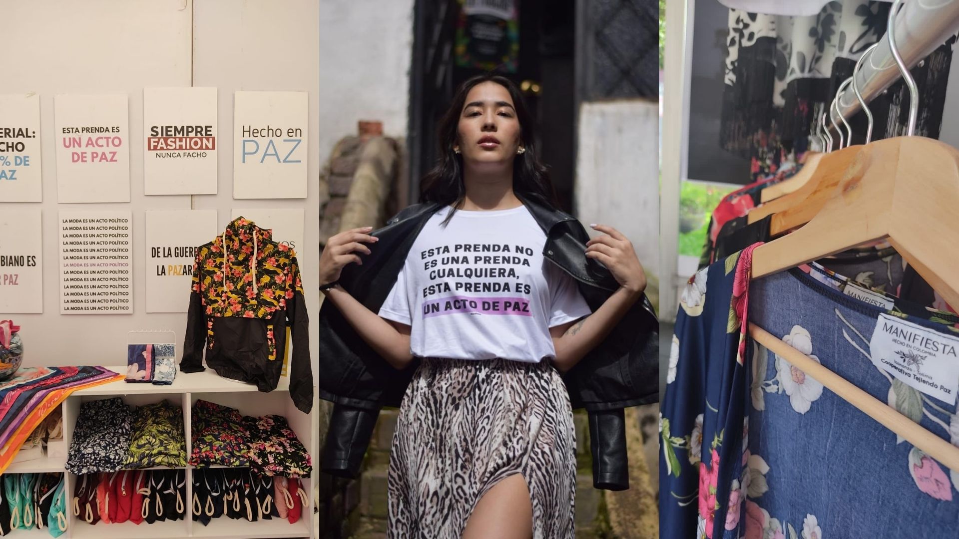 Los productos incluyen camisetas y pañoletas con mensajes de paz, faldas, chaquetas y capas. Y los precios van desde 20 mil hasta 85 mil pesos.