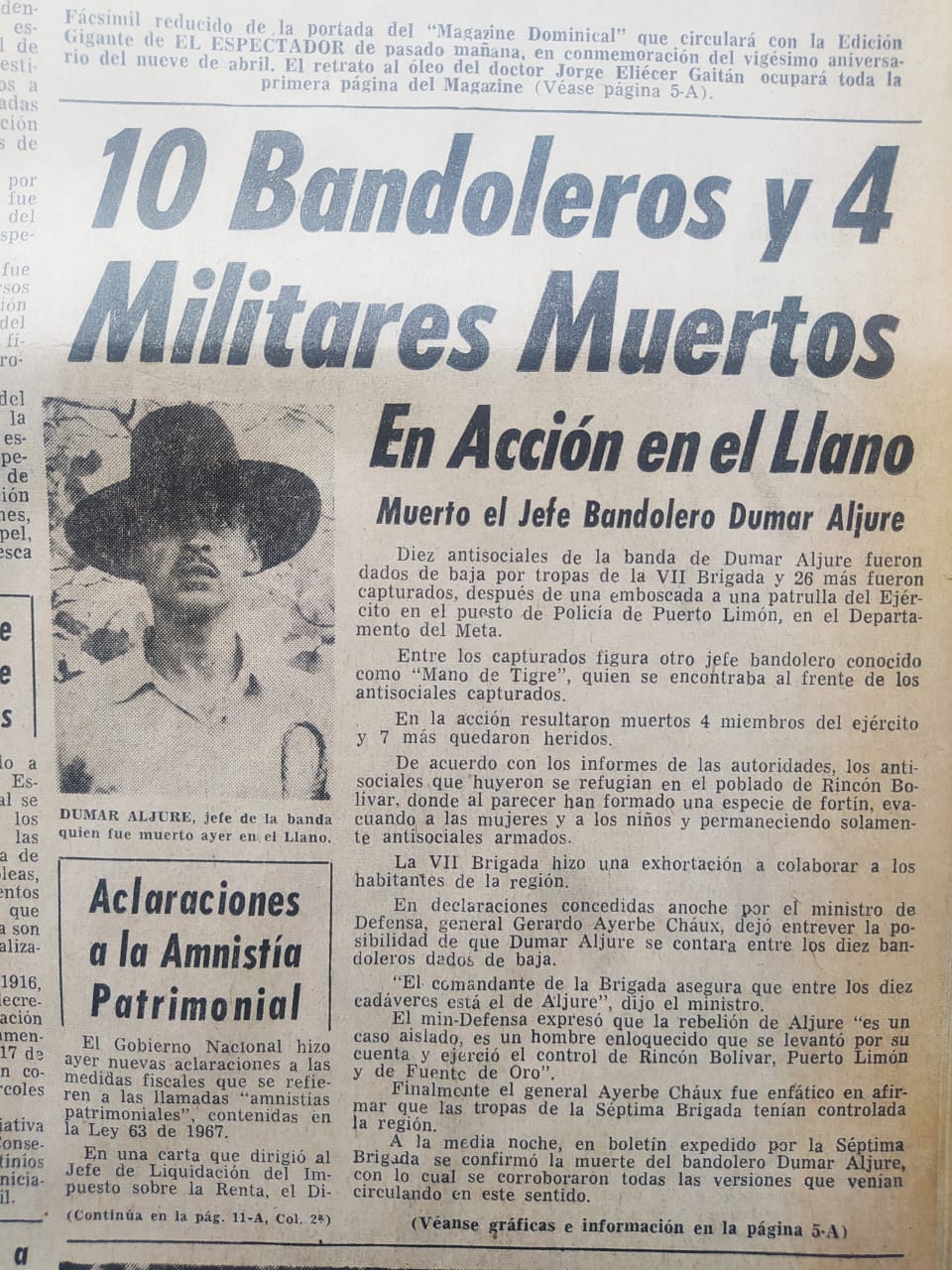 Archivo de El Espectador del 6 de abril de 1968 sobre la muerte de Dúmar Aljure.