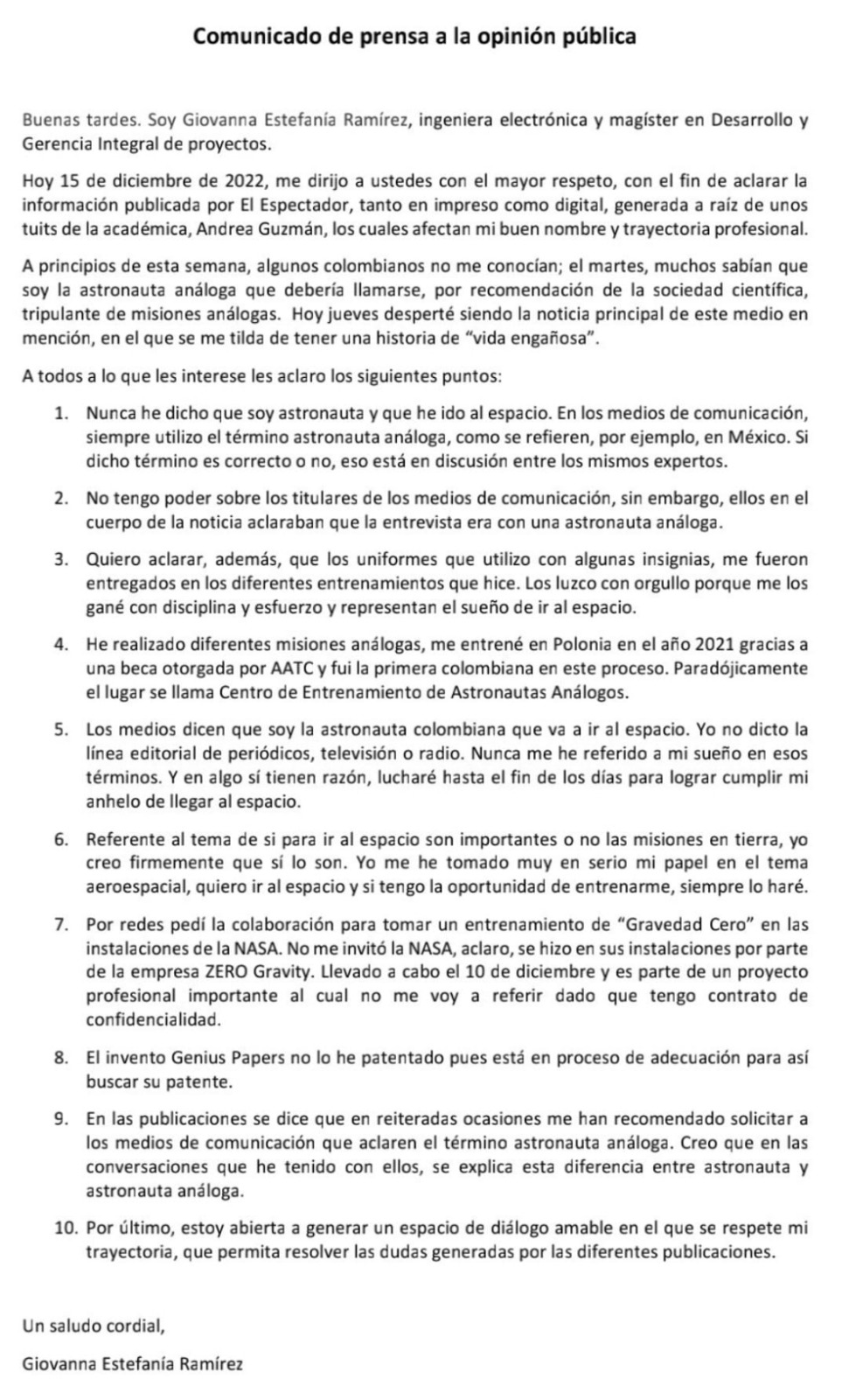 Comunicado de prensa Giovanna Ramírez