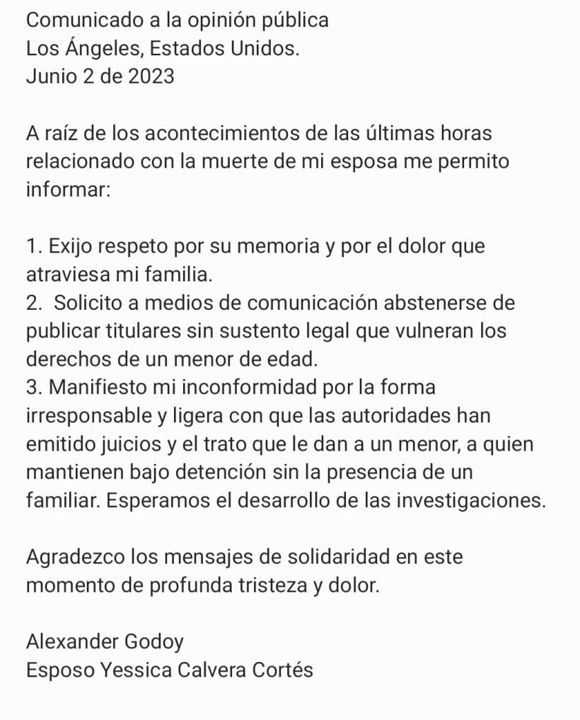 Comunicado emitido por Alexander Godoy, esposo de Jessica Calvera.