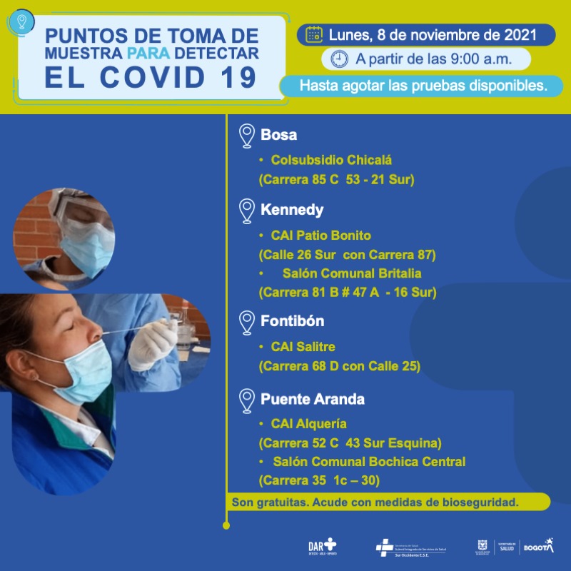 ¿Dónde hay pruebas gratuitas para Covid-19 este lunes en Bogotá?