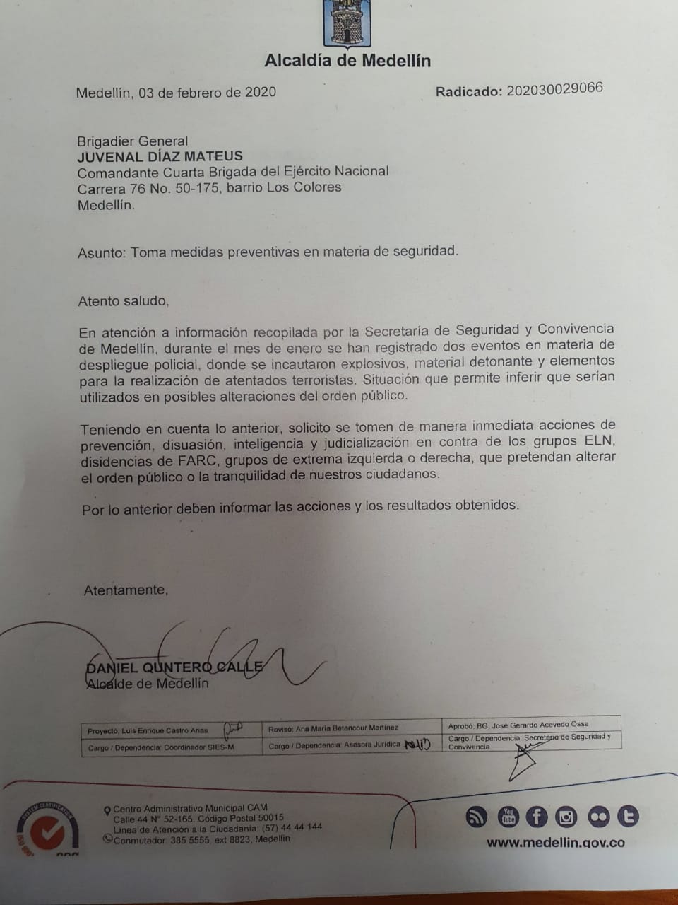 Carta emitida por el alcalde Daniel Quintero.Cortesía Blu Radio