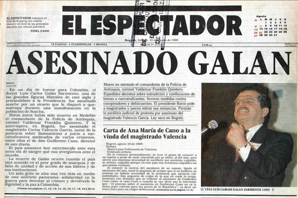 Esta fue la portada de El Espectador en agosto de 1989, luego del asesinato de Luis Carlos Galán. / Archivo