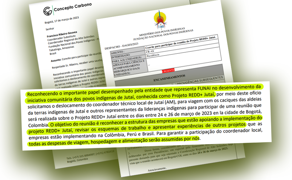 La presidencia de FUNAI fue informada del viaje de los indígenas a Bogotá en una carta en la que se "reconoce el importante papel" del organismo indígena en la elaboración del proyecto. La FUNAI dice no tener conocimiento de los precontratos. Reproducción/Funai