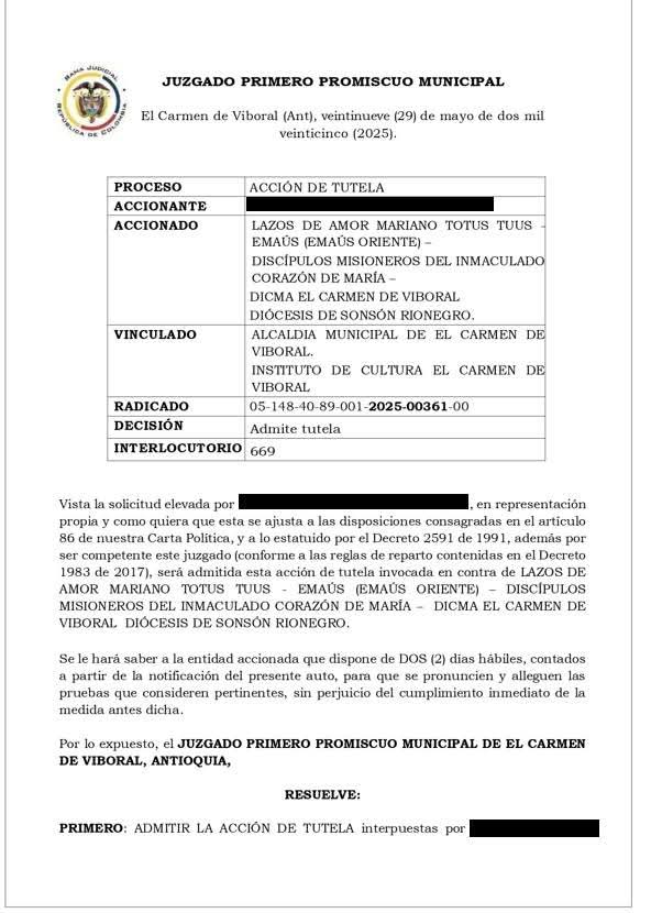 Admisión de la tutela.