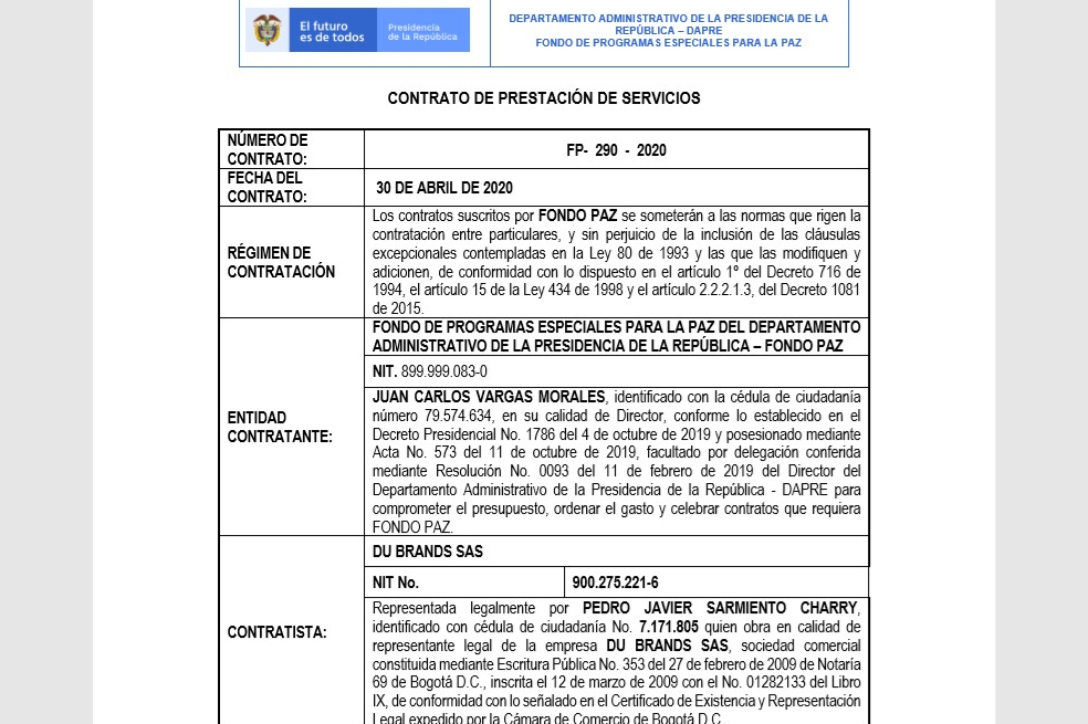 Facsímil del contrato FP-290 del Departamento Administrativo de la Presidencia de la República (DAPRE).