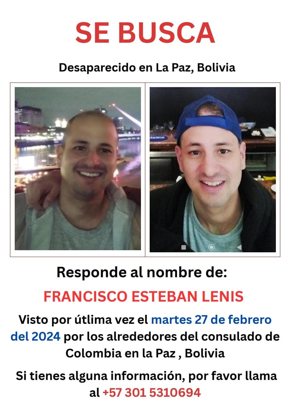 Familiares buscan a Francisco Esteban Lenis