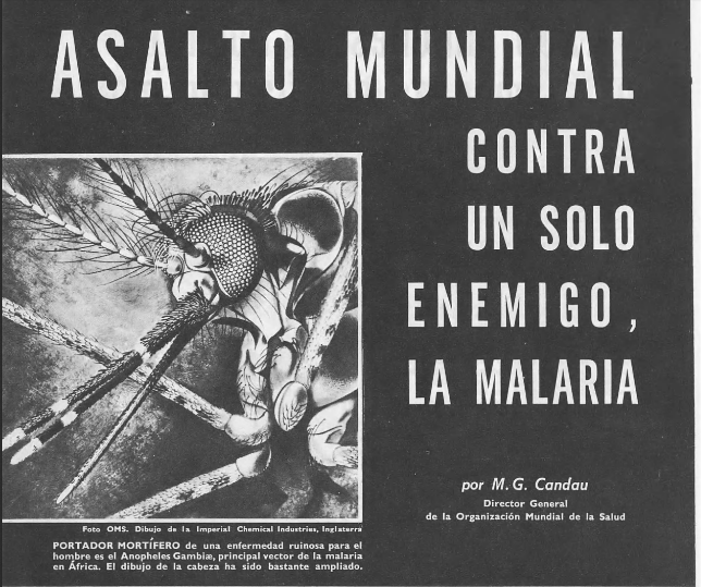 Así presentaba las Naciones Unidas la campaña de erradicación de la malaria que emprendió tras la Asamblea Mundial de la Salud en 1955.Revista El Correo, Unesco. Abril de 1960 (Argentina). Disponible en: https://unesdoc.unesco.orgPero en 1969, la OMS suspendió la campaña. En el norte de Sudamérica, los anófeles estaban sobreviviendo a las fumigaciones con DDT. También allí, los Plasmodium, con sus cerca de 6.000 proteínas, mutaron y se volvieron resistentes a la cloroquina. Poco tiempo después, lo mismo sucedió en la frontera entre Camboya y Laos. Además, aparecieron los primeros casos de resistencia a la combinación sulfadoxina-pirimetamina, en exactamente los mismos lugares.