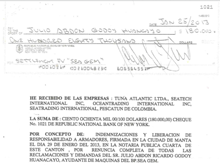Cheque de la indemnización pagada por Seatech a Julio Godoy Huancayo.