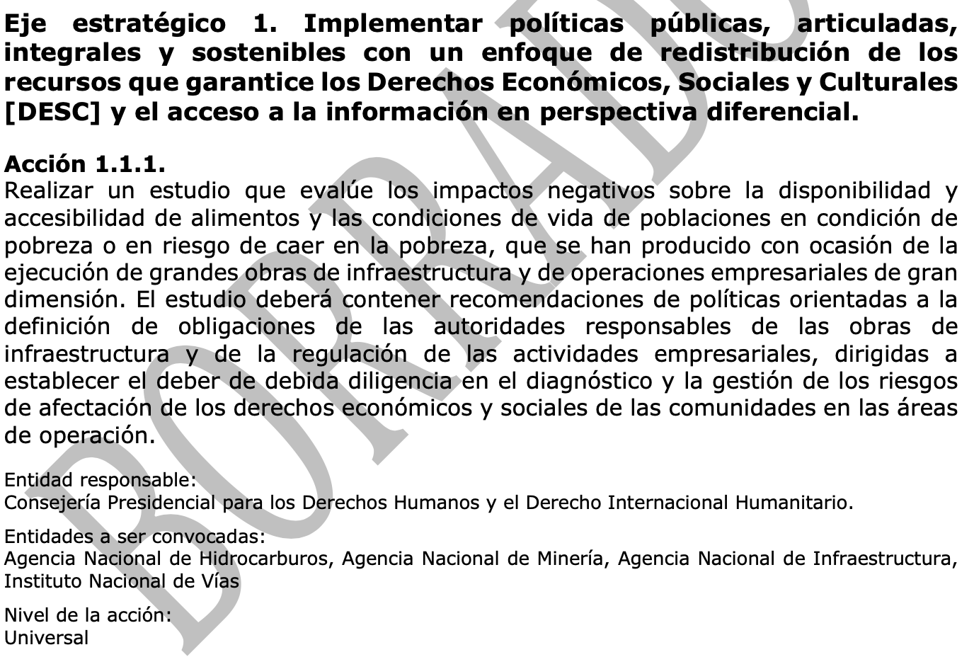 Apartado del borrador la política de derechos humanos.