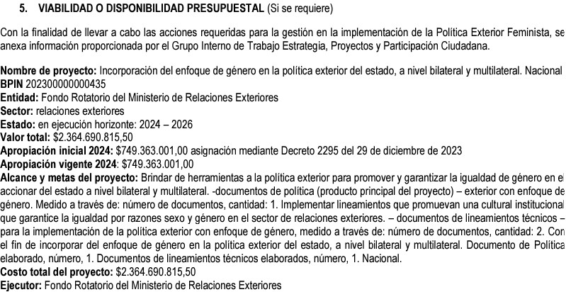 Presupuesto para la incorporación de la Política Exterior Feminista.