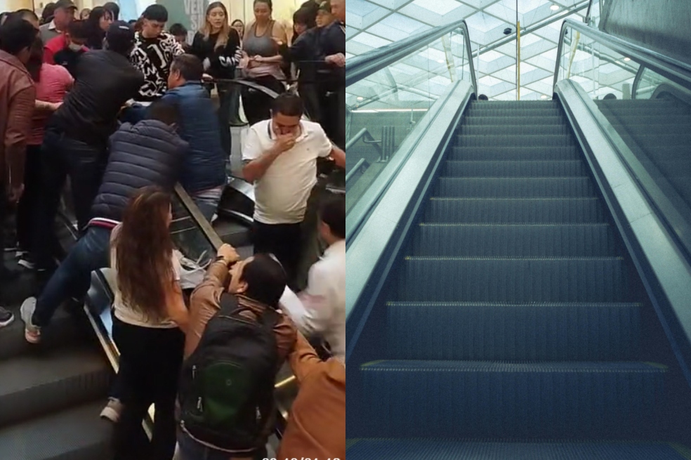 En la foto se ve cómo las personas intentan salvar al perrito que quedó atrapado en las escaleras eléctricas.