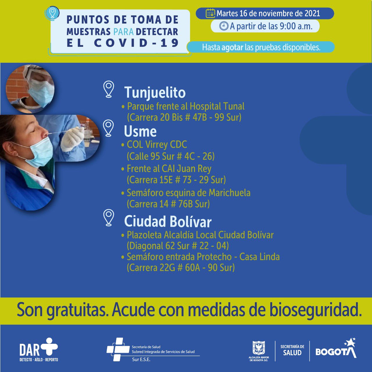¿Dónde hay pruebas gratuitas para Covid-19 este martes en Bogotá?