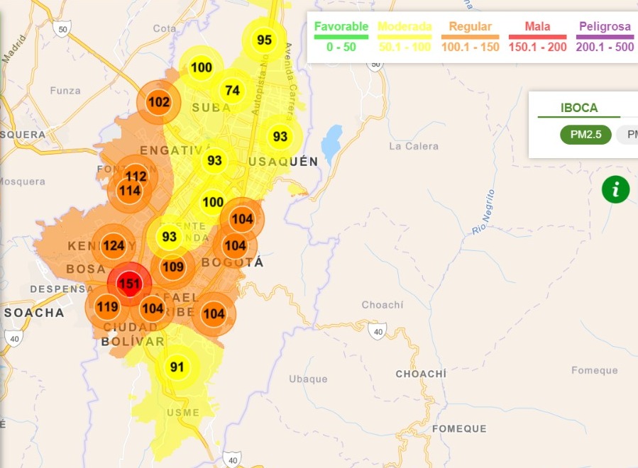 Calidad del aire en la capital, de acuerdo con el Índice Bogotano de Calidad de Aire y Riesgo en Salud (Iboca).