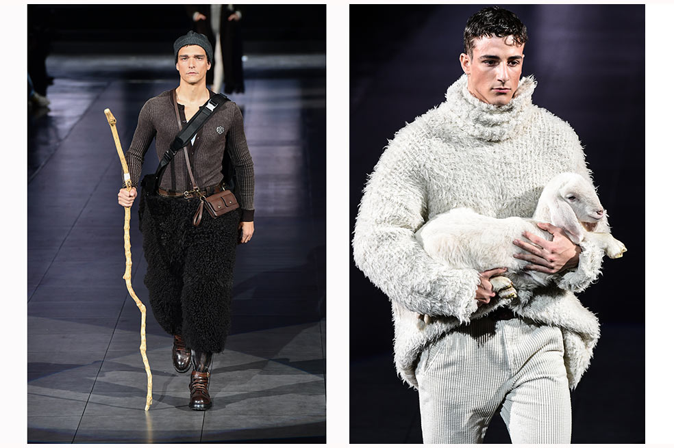 Para el próximo invierno (boreal), D&G, lejos de la excentricidad de anteriores colecciones, vuelve a las fuentes, a la tierra.Lleva enormes jerséis y bufandas de lana, abrigos de pastor con rizos, chaquetas y pantalones de terciopelo, o como príncipe de gales.