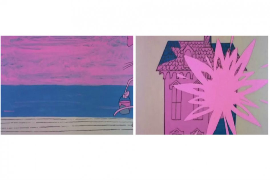 Imagen 1. Vista de la obra montada. Imagen 2.  Still de la serie La pantera rosa intervenida por el artista. “El pintor de la vida moderna”. Video Monocanal, duración 14 min. 56 seg (2013). / Foto: Archivo Sergio Páez Calvo. *Apropiación de imágenes de la serie animada La Pantera Rosa