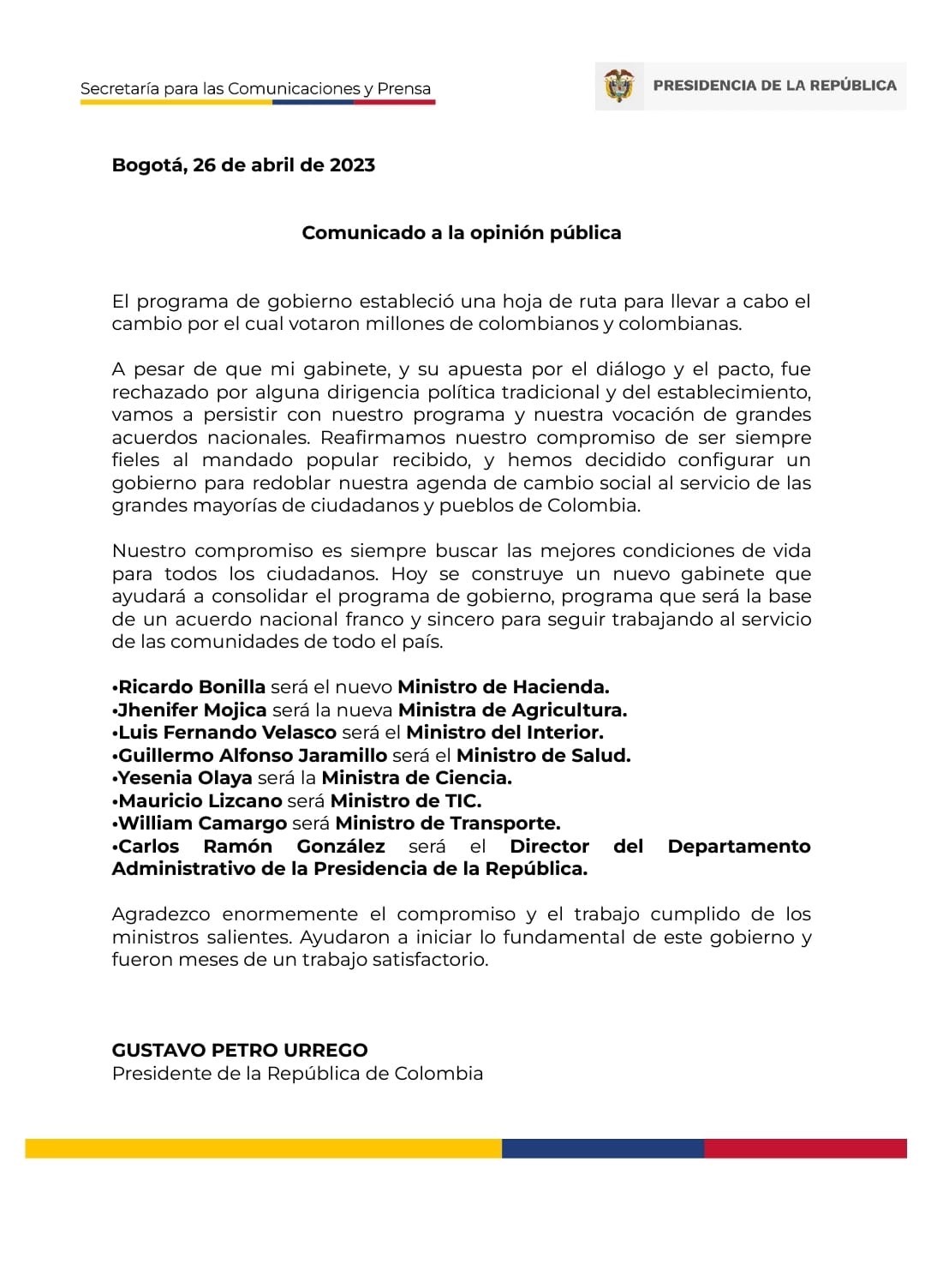 Comunicado Casa de Nariño