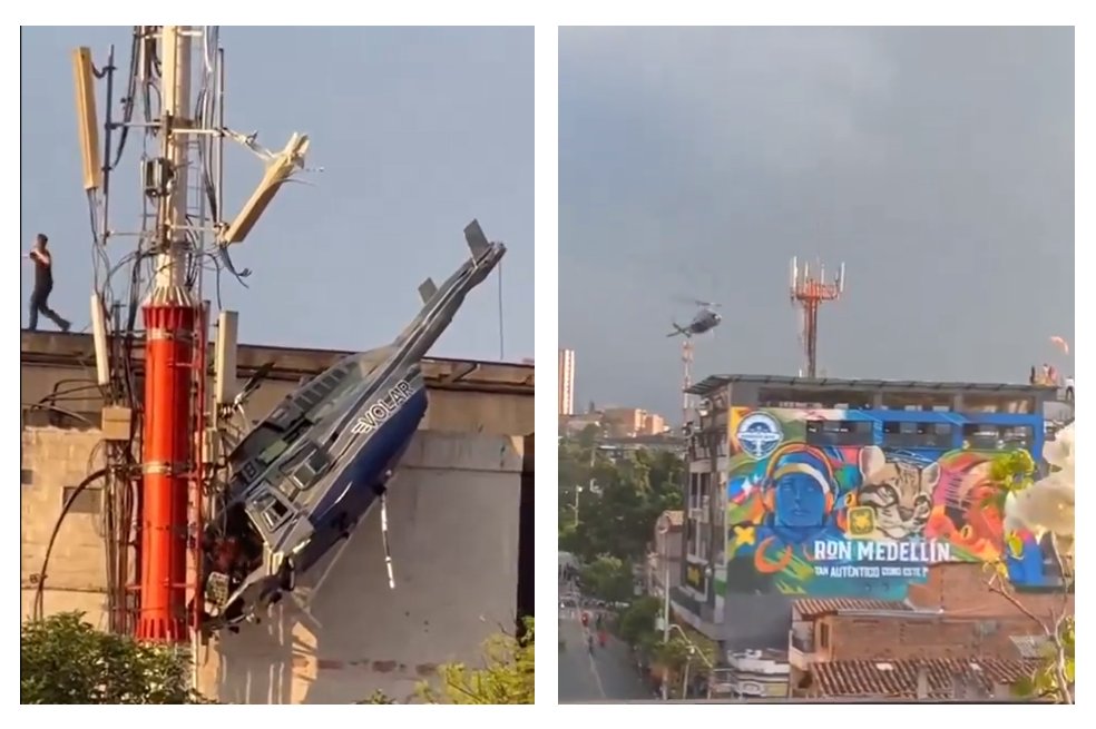 Un helicóptero se accidentó y quedó colgando de un edificio en Medellín
