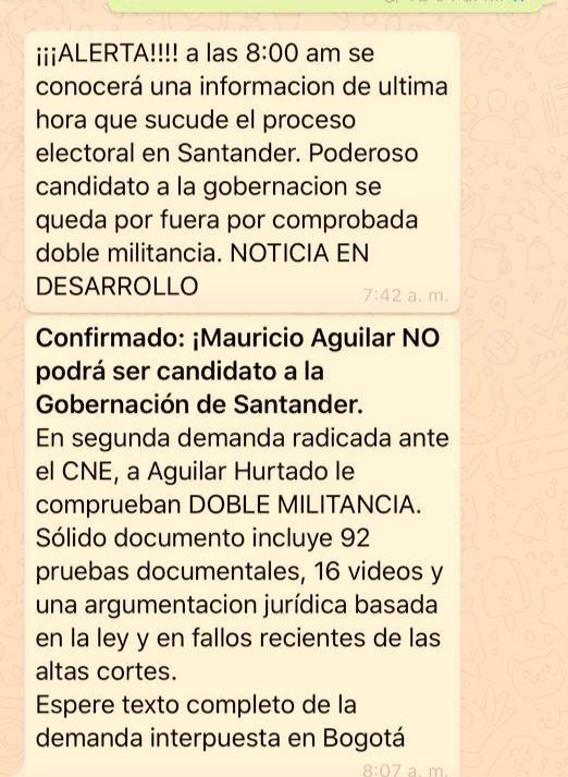 Kate Suárez, jefe de prensa de la campaña de Aguilar, aseguró que la información que se difunde en el mensaje es falsa.