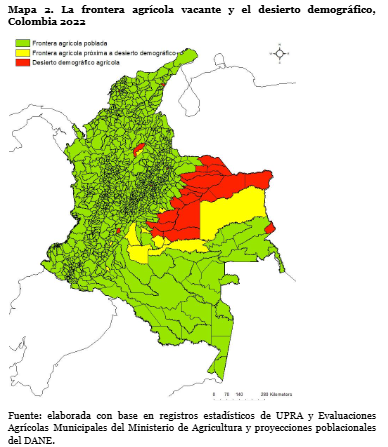 Mapa 2. La frontera agrícola vacante y el desierto demográfico, Colombia 2022.