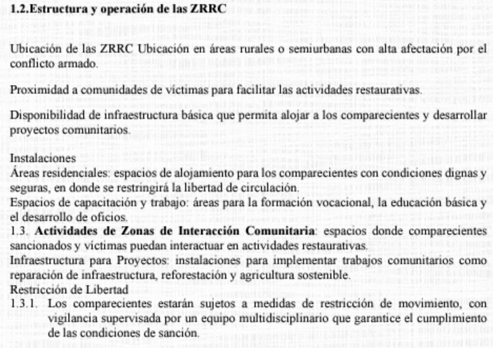 Las ZRRC estarían supervisadas, según el texto, por “representantes de la Sala de Reconocimiento de Verdad, de responsabilidad y de determinación de los hechos y conductas de la JEP, la Subdirección del Sistema Restaurativo de la Secretaría Ejecutiva de la JEP, el Ministerio de Justicia y las ONGs que deseen hacer parte del proceso”.