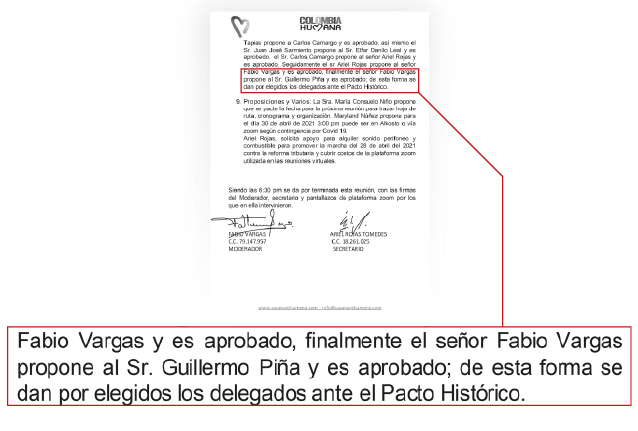 Fabio Vargas y Guillermo Piña, en 2021, fueron designados en una asamblea virtual como "delegados ante el Pacto Histórico".