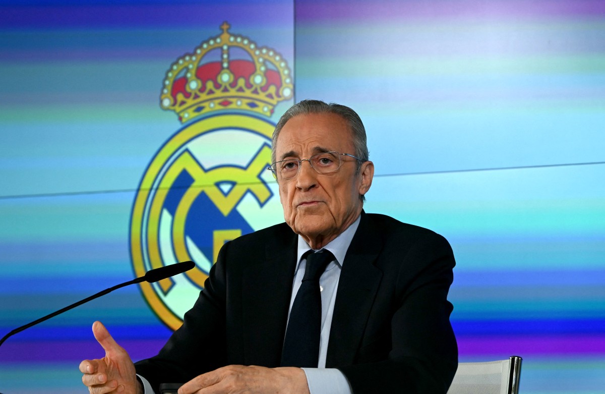 Real Madrid President Florentino Perez talks to media at Real Madrid Sports City in Valdebebas, in the outskirts of Madrid, on May 12, 2026.