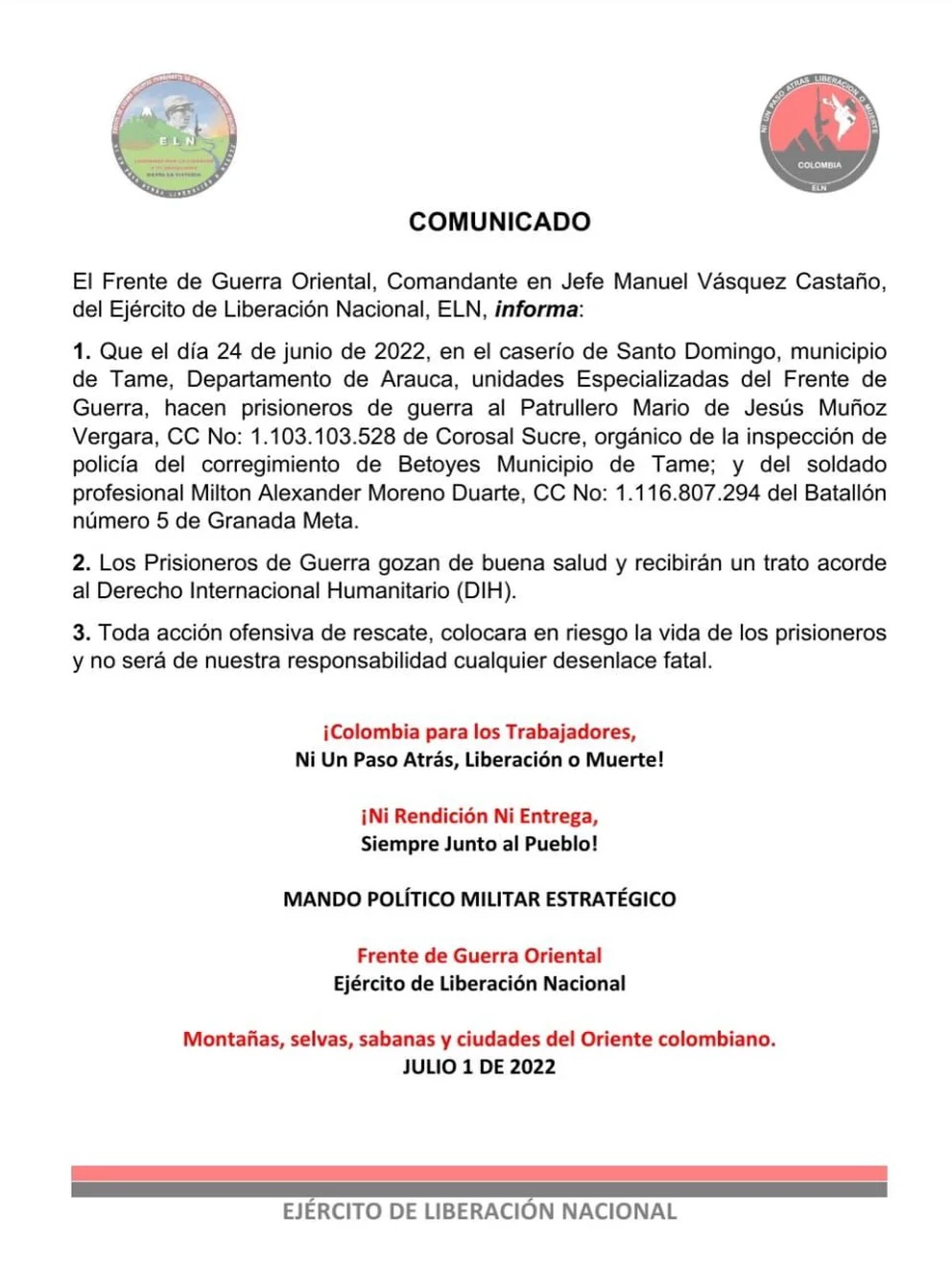 Este es el comunicado emitido por el ELN.