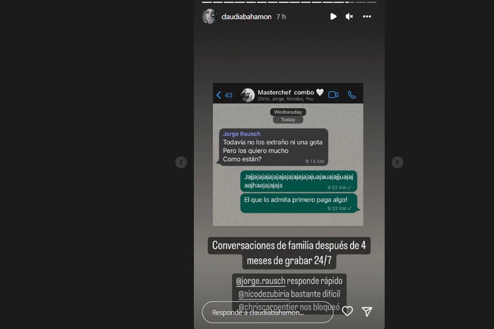 Claudia Bahamón reveló a través de sus redes sociales una conversación grupal que tuvo con los tres chefs.