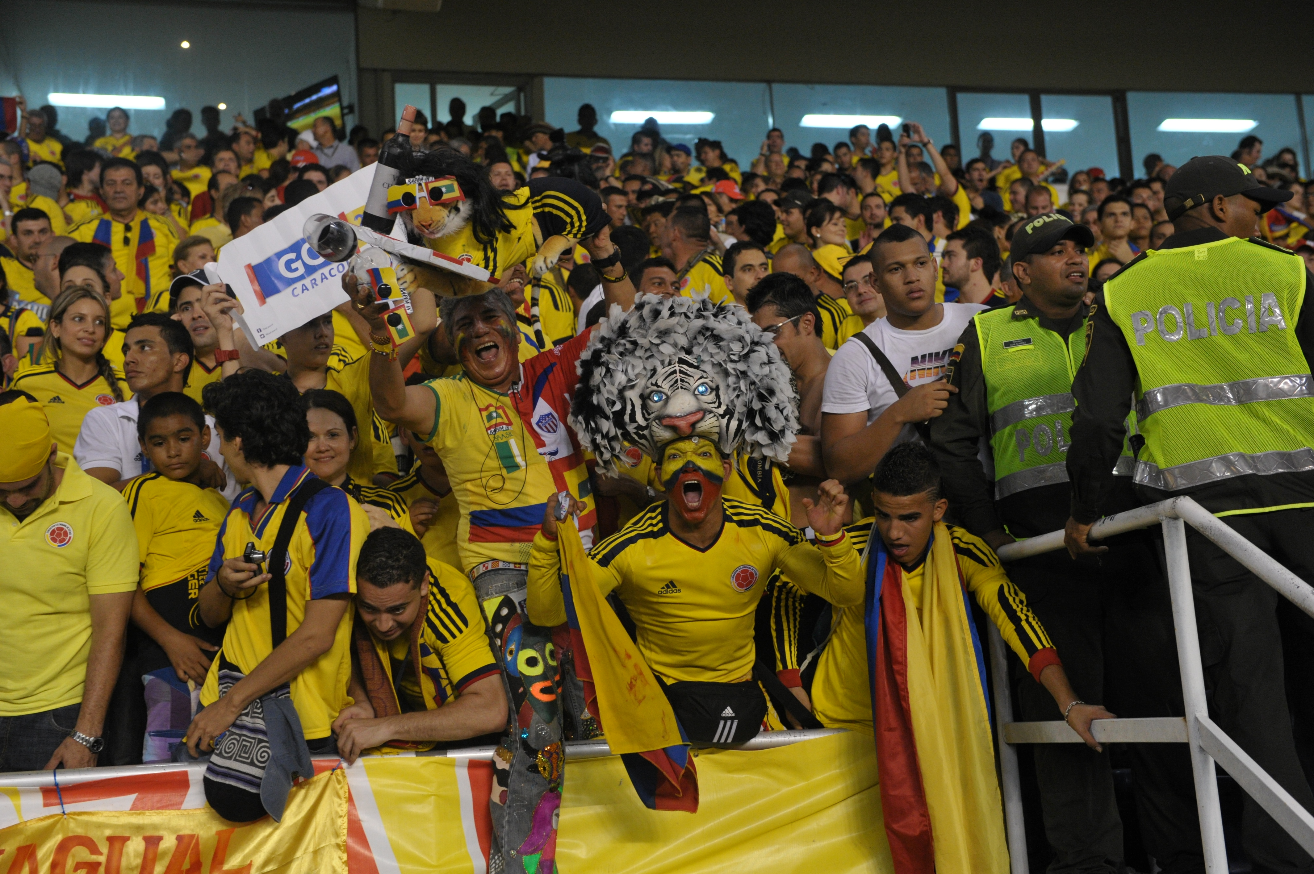 Hinchas de la selección colombiana de fútbol en el estadio Metropolitano Roberto Meléndez de Barranquilla, durante el partido ante Chile por la fecha 17 de las Eliminatorias Sudamericanas camino al Mundial de Brasil 2014.