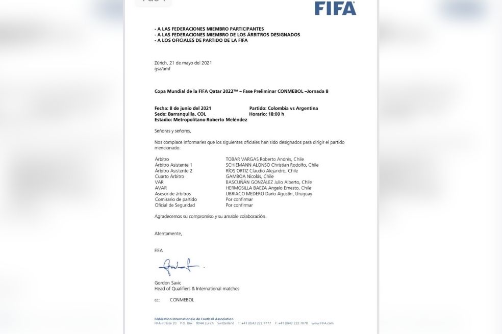 Comunicado emitido por la FIFA.