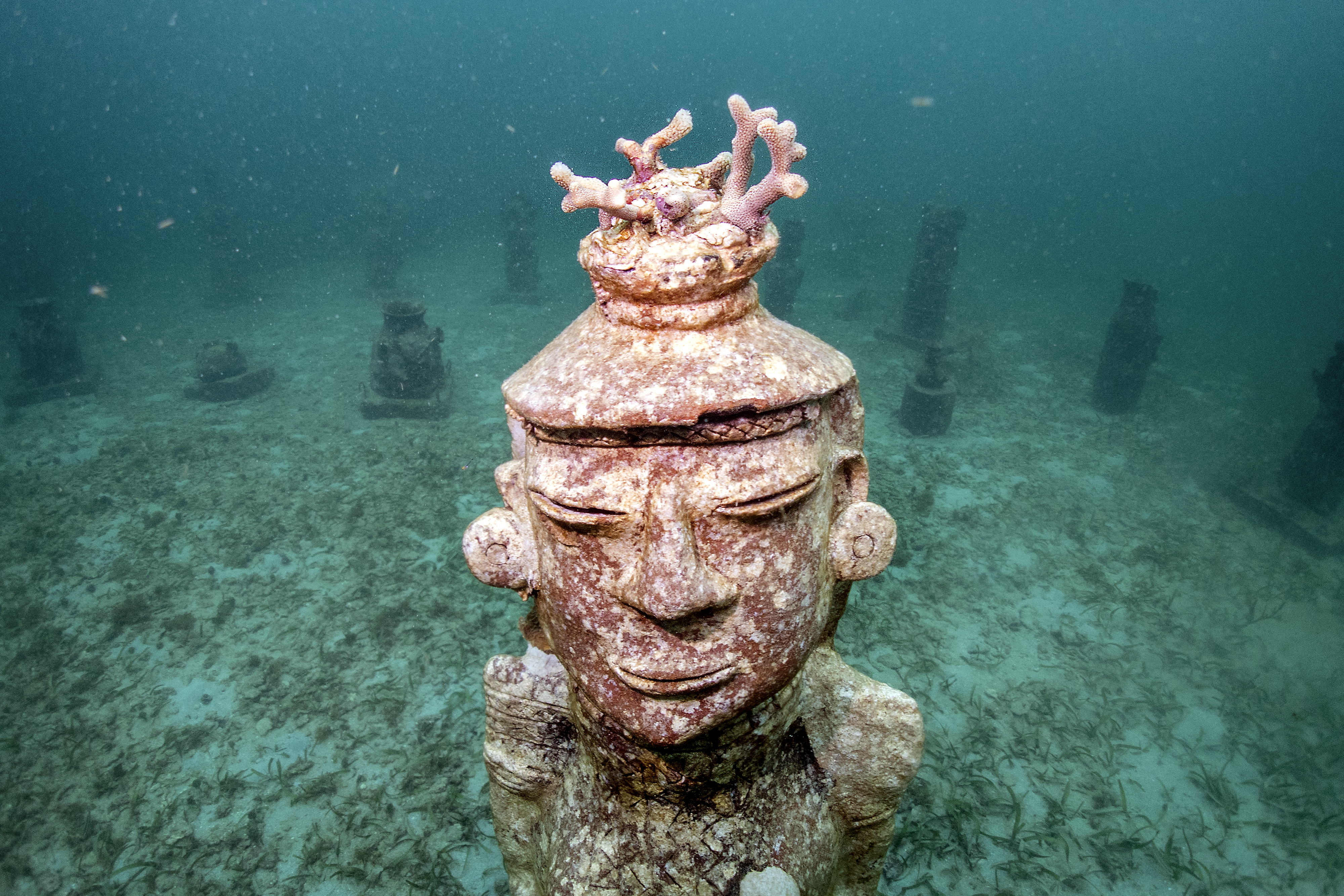 TOPSHOT - Coral grows in a sculpture at the MUSZIF underwater museum in Isla Fuerte, Bolivar department, Colombia, on May 22, 2024.