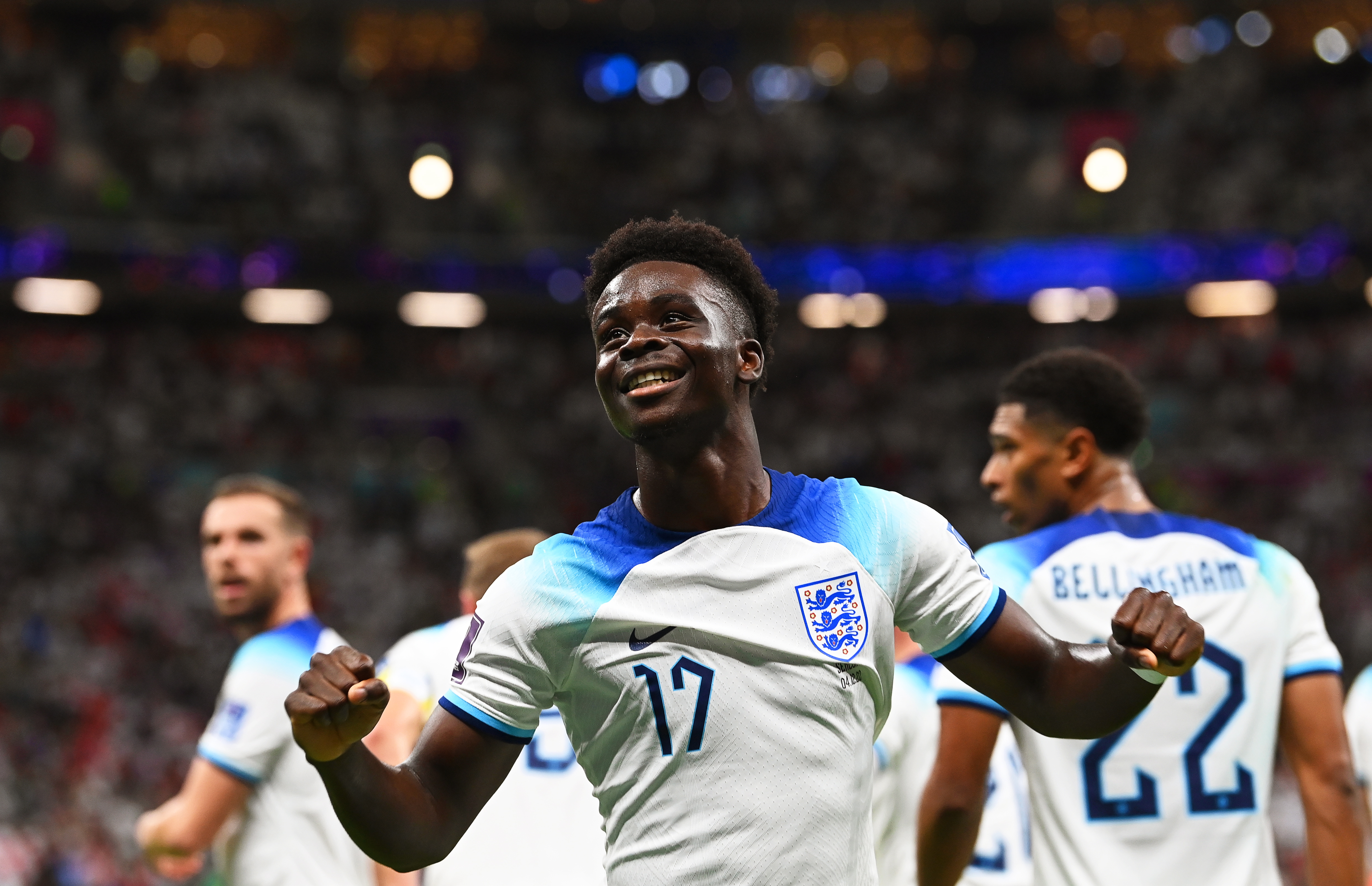 Al Khor (Qatar), 04/12/2022.- Bukayo Saka of England celebrates after scoring the 3-0 lead during the FIFA World Cup 2022 round of 16 soccer match between England and Senegal at Al Bayt Stadium in Al Khor, Qatar, 04 December 2022. (Mundial de Fútbol, Catar) EFE/EPA/Neil Hall
