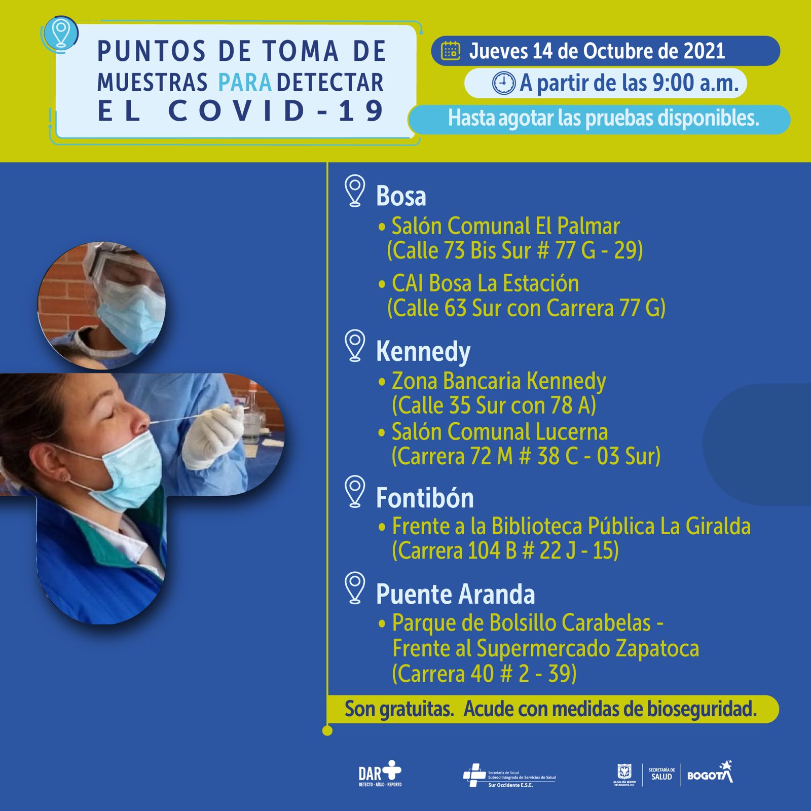 ¿Dónde hay pruebas gratuitas para Covid-19 este jueves en Bogotá?