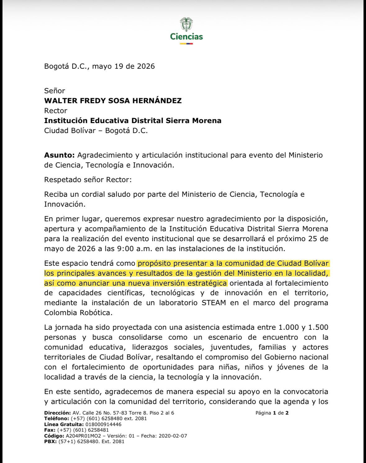 Documento divulgado por la secretaria de educación de Bogotá.