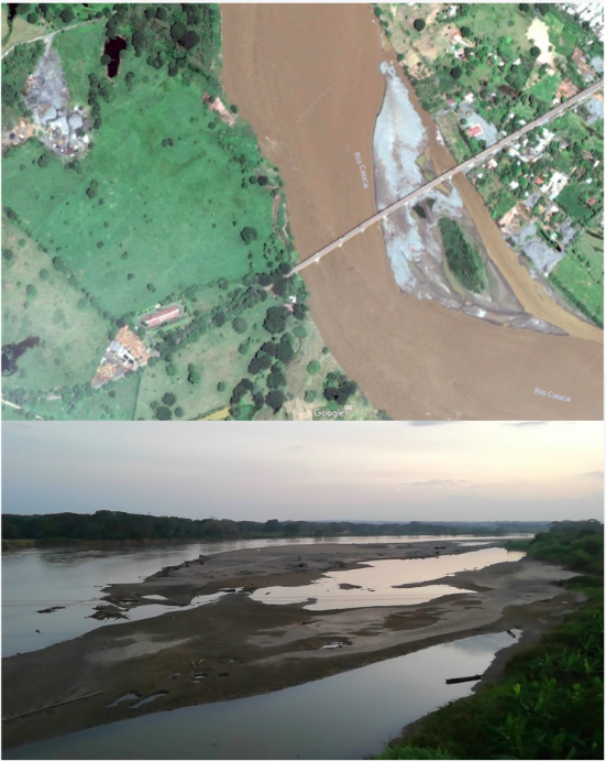 La imagen superior es una captura de la imagen satelital que presenta Google Maps del puente. La de abajo, fue compartida por un habitante del municipio, quien tomó la foto el pasado 29 de enero.Elaboración propiaLo que sí nos dijeron ambos entrevistados es que el río está mucho más bajo de lo usual. Además, cuando hablamos con Isabel Cristina Zuleta, de Ríos Vivos, nos contó que los pescadores de la región habían denunciado mortandades masivas de peces, a pesar de que no especificó lugares ni cantidades.