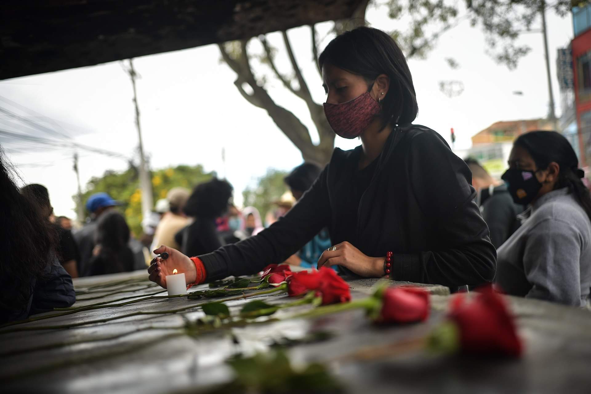 Mujer poniendo rosas sobre una superficie.
