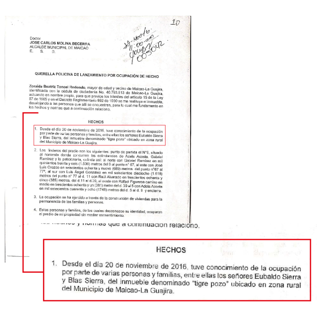 Querella interpuesta por Zoraida Toncel en la Inspección de Maicao.