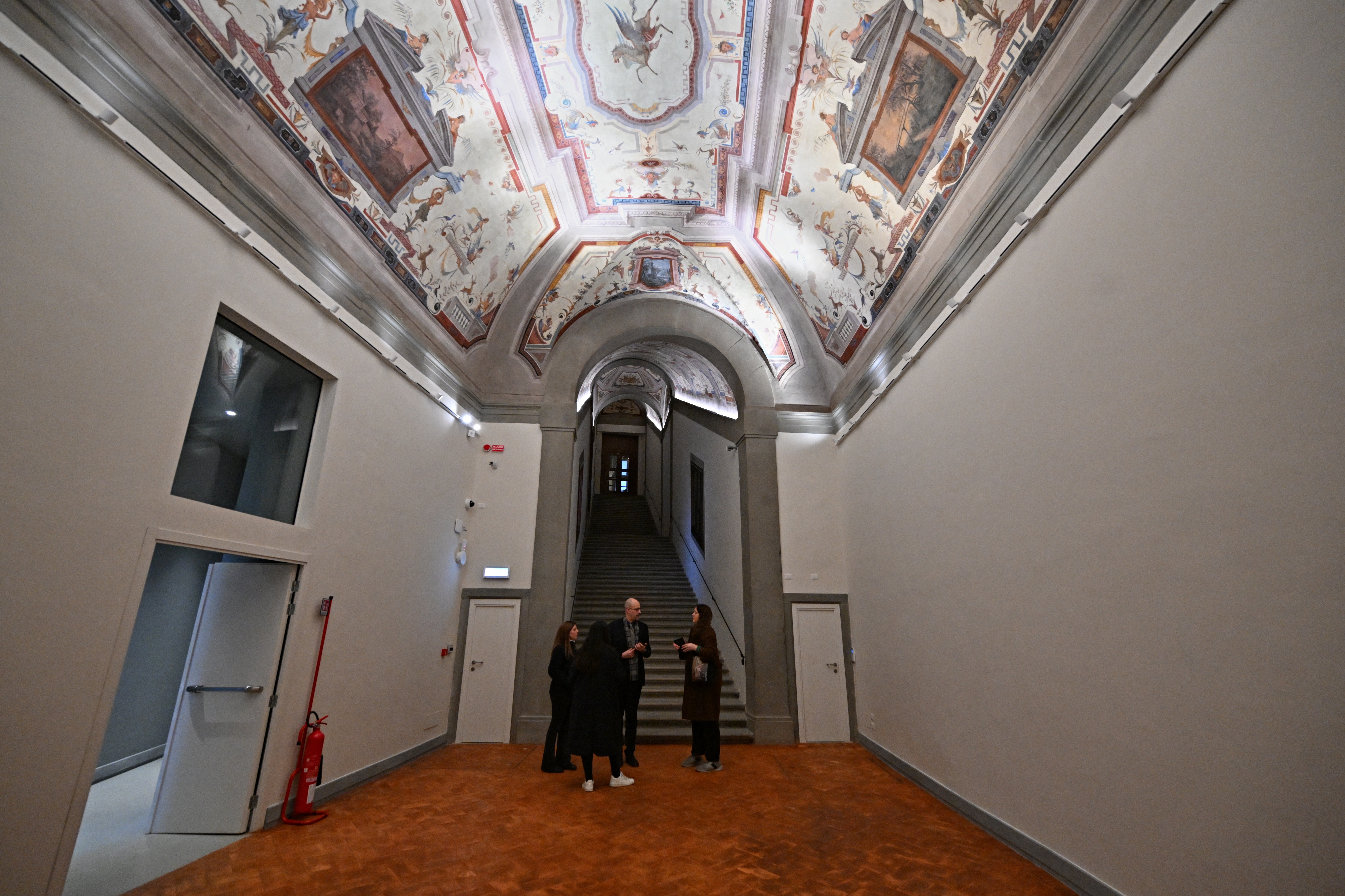 This photo shows a view of the steps of the Vasari Corridor Gallery, in the center of Florence, during the press preview, before the opening to the public, on December 19, 2024.
