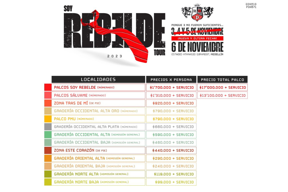 Información de boletería de "Soy Rebelde World Tour" en Medellín.