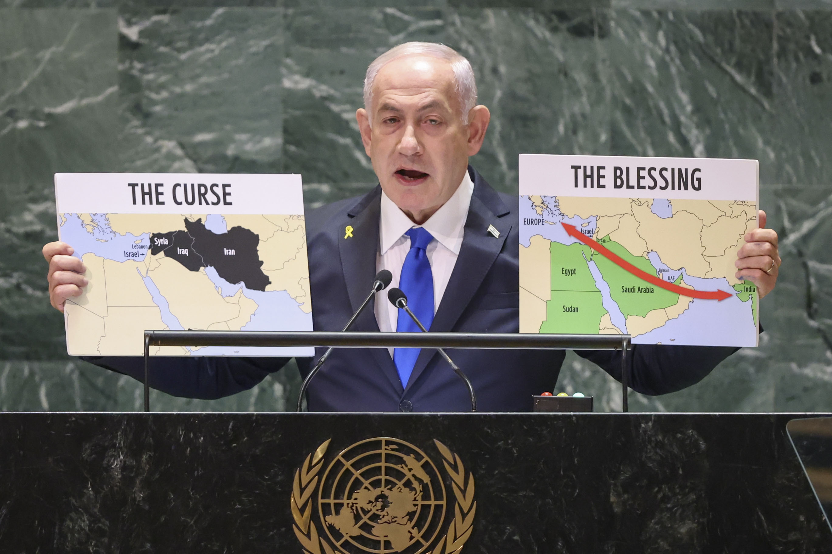 New York (United States), 27/09/2024.- Israel Prime Minister Benjamin Netanyahu speaks during the General Debate of the 79th session of the United Nations General Assembly at United Nations Headquarters in New York, New York, USA, 27 September 2024. The annual high-level General Debate gathers world leaders from 24 to 28 September, and 30 September under the theme, 'Leaving no one behind: acting together for the advancement of peace, sustainable development and human dignity for present and future generations'. (Nueva York) EFE/EPA/SARAH YENESEL