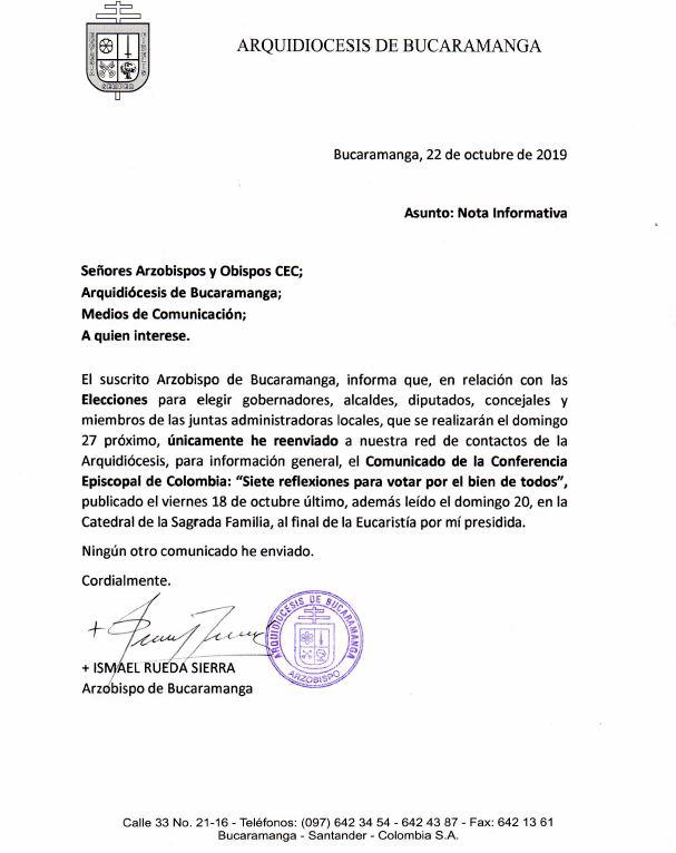 El equipo del departamento de comunicaciones de la Arquidiócesis de Bucaramanga también explicó que el lenguaje usado en el comunicado falso es totalmente distinto al usaría el arzobispo. Además, hay otras características que permiten determinar que la carta es falsa y no fue escrita por el religioso.