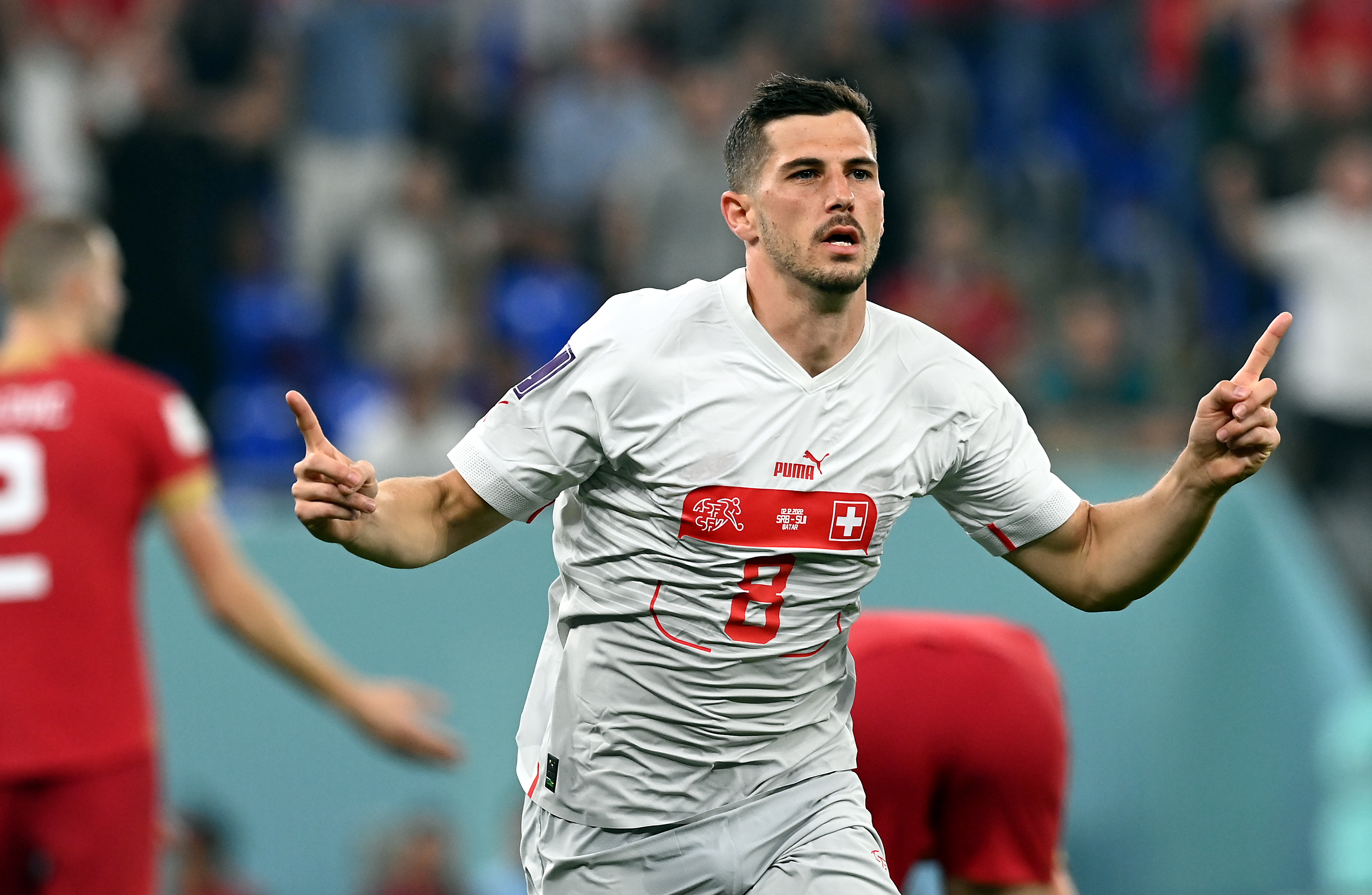 Doha (Qatar), 02/12/2022.- Remo Freuler of Switzerland celebrates scoring the 3-2 during the FIFA World Cup 2022 group G soccer match between Serbia and Switzerland at Stadium 947 in Doha, Qatar, 02 December 2022. (Mundial de Fútbol, Suiza, Catar) EFE/EPA/Georgi Licovski